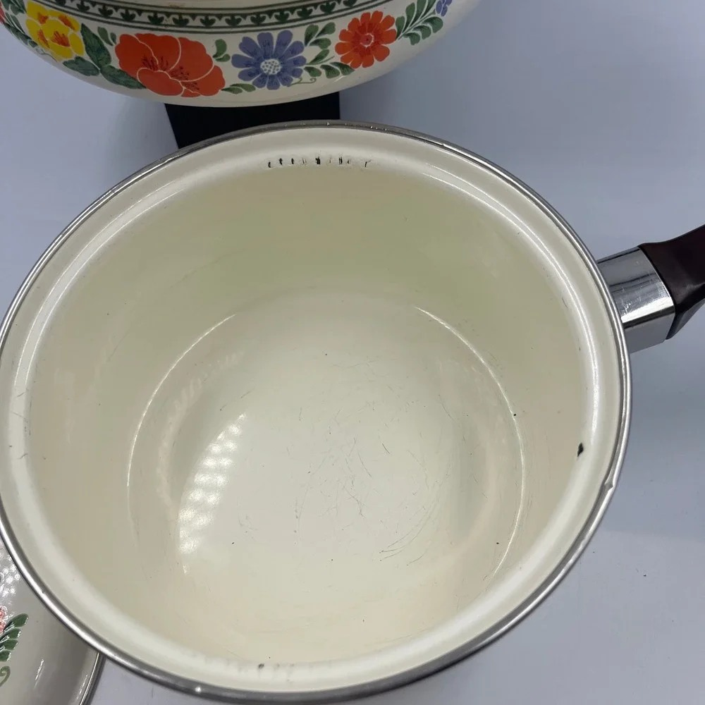 Vintage Villeroy & Boch Alt Amsterdam Floral Enamel Saucepan Skillet Set Cream